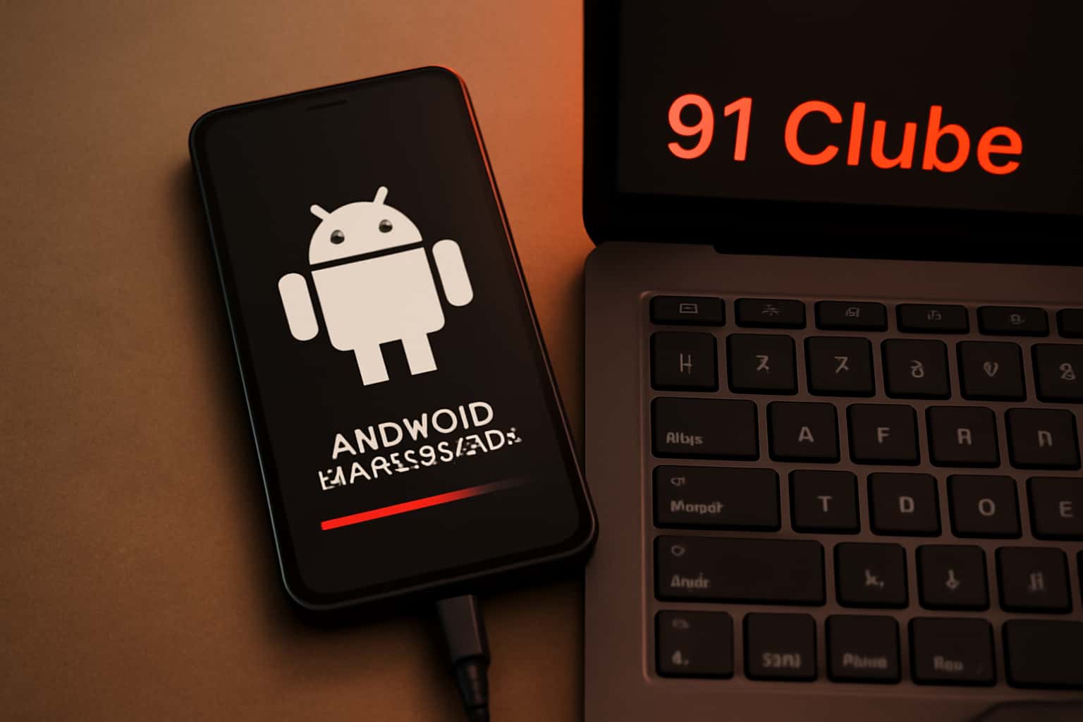 Informational scene about installing 91 Clube on Android devices.