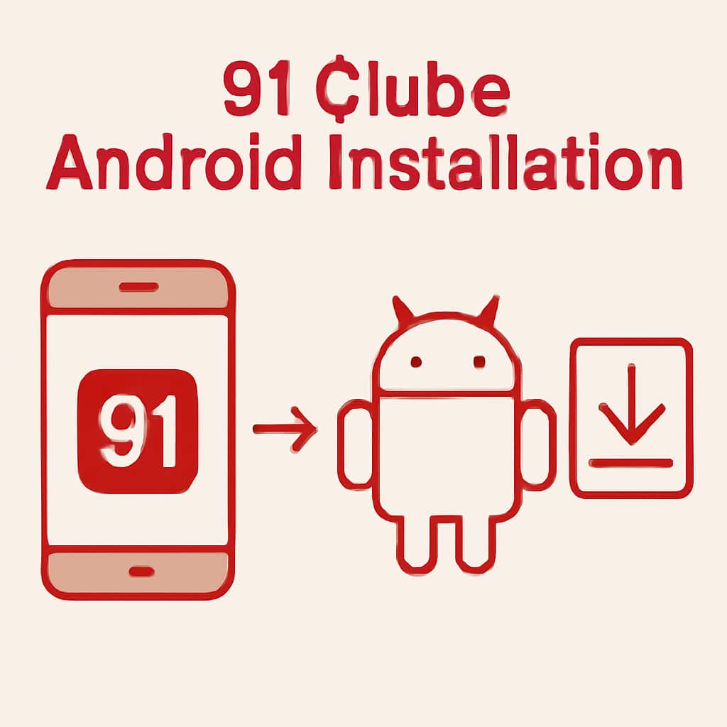 Diagram illustrating steps for installing 91 Clube on Android.