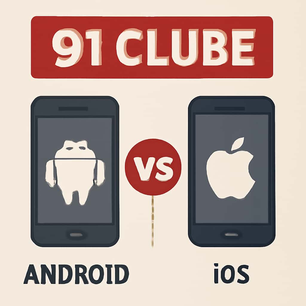 Diagram showing installation steps for Android and iOS for 91 Clube.