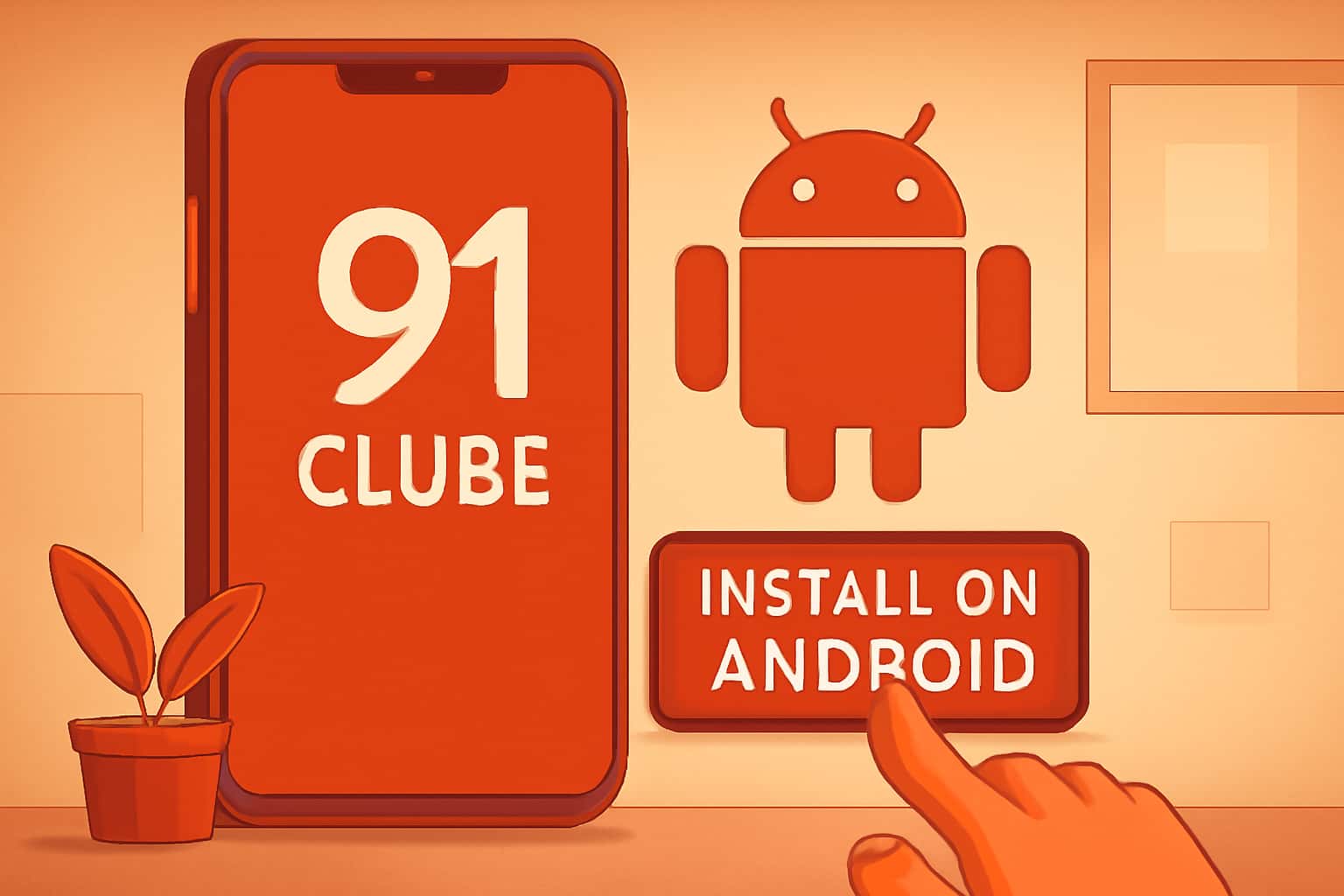 A professional scene illustrating the installation process of the 91 Clube app on Android devices.